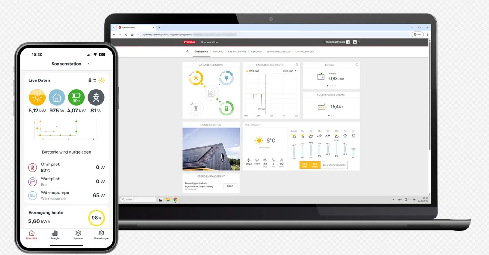 Ukážka energetickej bilancie Fronius Solar.web na notebooku a telefóne